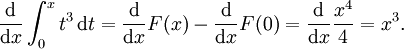 {\ Mathrm d \ over \ mathrm dx} \ int_0 ^ xt ^ 3 \, \ mathrm dt = {\ mathrm d \ over \ mathrm dx} F (x) - {\ mathrm d \ over \ mathrm dx} F (0 ) = {\ mathrm d \ over \ mathrm dx} {x ^ 4 \ over 4} = x ^ 3.