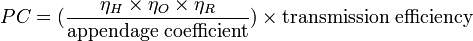 PC = (\ frac {\ eta_H \ times \ eta_O \ times \ eta_R} {\ mbox {coeficiente apéndice}}) \ times \ mbox {eficiencia de transmisión}