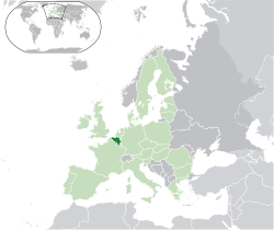 Ubicación de Bélgica (verde oscuro) - en Europa (verde y gris oscuro) - en la Unión Europea (verde) - [Leyenda]